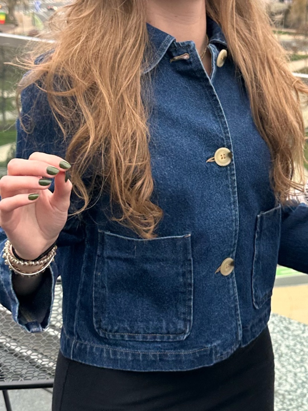 H&M Dark Blue Cropped Denim Jacket with Patch Pockets